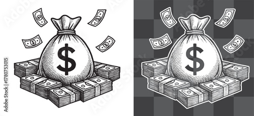 Money Bag with Dollar Sign Vector Illustration Surrounded by Cash and Banknotes in Engraved Vintage Style Ideal for Financial Success Wealth Business and Banking Themed Graphic Design Projects