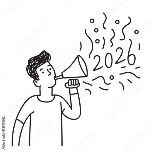 Person blowing a horn releasing confetti marked with 2026