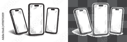 Smartphone Devices Vector Illustration in Vintage Engraved Style Depicting Modern Technology and Mobile Communication Perfect for Tech Design Digital Art Business Projects and Retro Graphic Themes