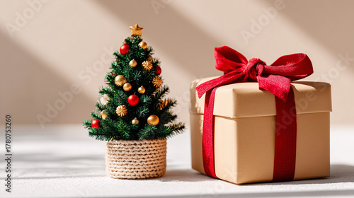 Mini Christmas tree in a woven pot beside a kraft-wrapped gift with a red bow — festive still life.