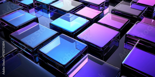 abstract geometric background with blue and purple glass squares on a black background.
