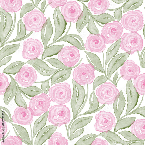 Watercolor seamless pattern with small pink roses