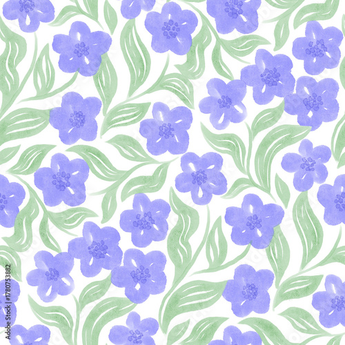 Watercolor seamless pattern with blue flowers on a white background