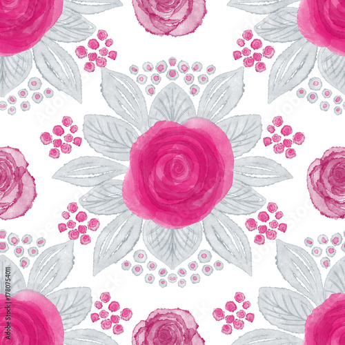 Watercolor seamless pattern with purple roses on a white background and silver foliage