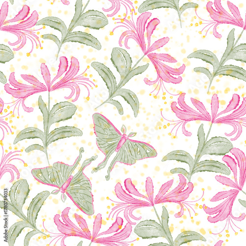 Watercolor seamless pattern with pink exotic flowers and butterflies fluttering above them.