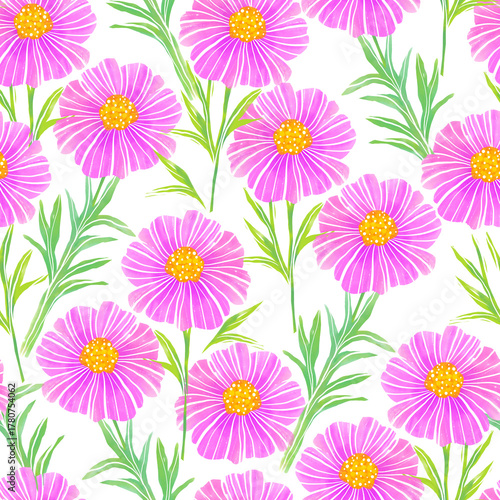 Seamless pattern with pink cosmos flowers on a white background