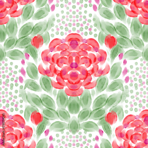 Watercolor seamless damask pattern with abstract red flowers