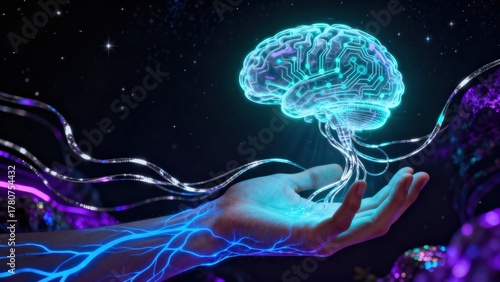 Digital brain concept held by a glowing hand against a cosmic background.