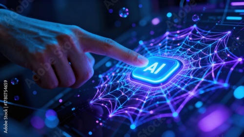 Interactive AI concept with a hand touching a glowing web interface.