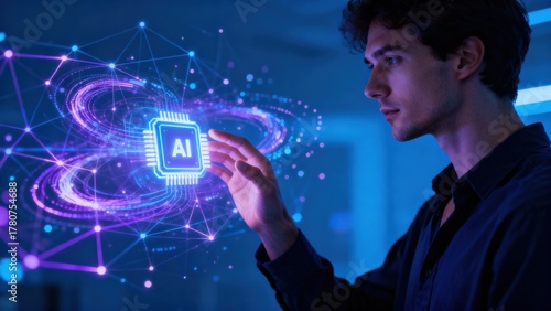 A person interacting with a floating AI digital interface.