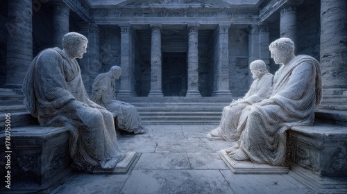 Data Ethics AI Governance: Ancient philosophers debating with AI holograms in marble forum setting