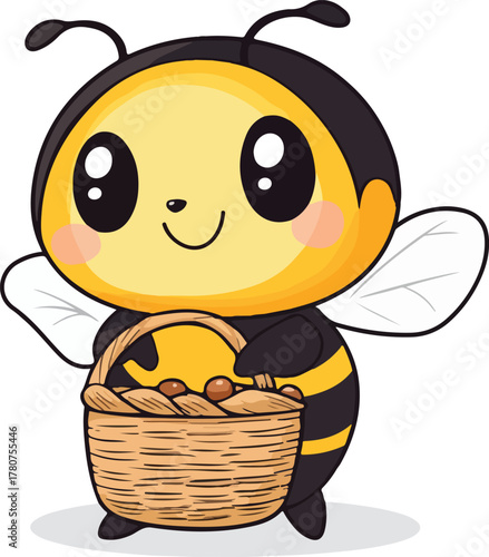 Cute cartoon bee character with a smiley face carrying honey, a fun vector illustration for a child's design