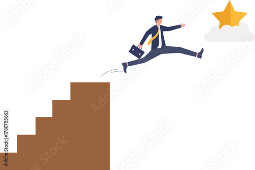 concept of businessman climb up ladder of success to reach star target.
