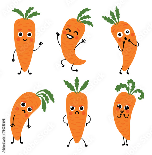Cute vector vegetable carrot characters with different emotions, can be used for brands, packaging, printing, children's products.