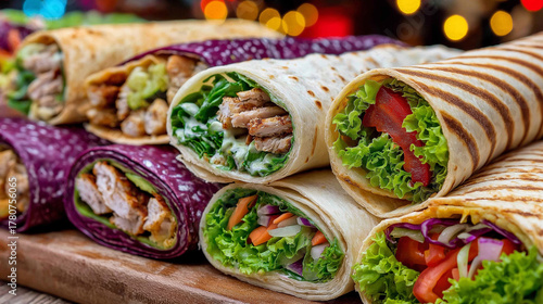 Wallpaper Mural Assorted delicious grilled chicken wraps and vegetarian rolls displaying crispy lettuce, fresh tomatoes, and vibrant ingredients Torontodigital.ca