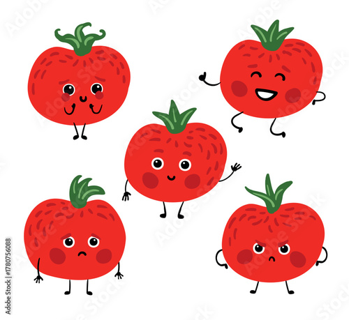 Cute vector tomato characters with different emotions, can be used for brands, packaging, printing, children's products.