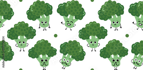 Cute vector broccoli characters pattern with different emotions, can be used for brands, packaging, printing, children's products.
