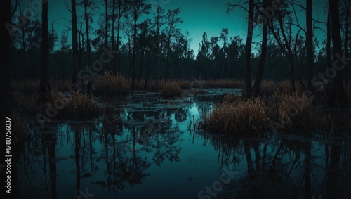 A retro-style photograph depicting swamps at dusk.
