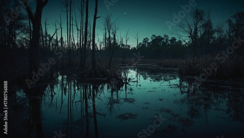 A retro-style photograph depicting swamps at dusk.
