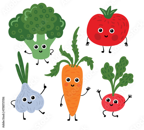 Cute vector vegetable characters  (broccoli, carrot, tomato, garlic, radish), can be used for brands, packaging, printing, children's products.
