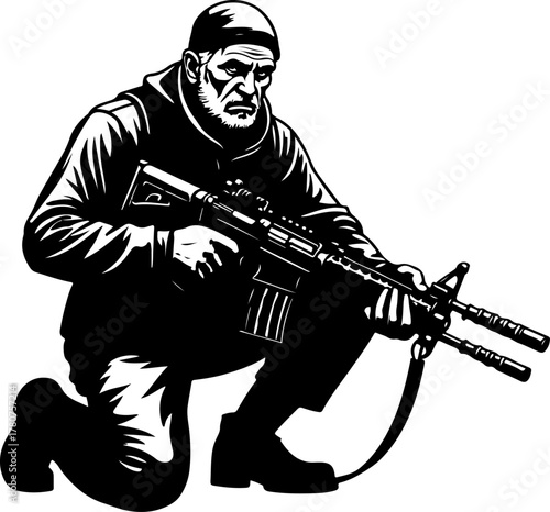 Kneeling Soldier with Rifle Silhouette Vector