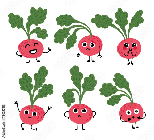 Cute vector vegetable radish characters with different emotions, can be used for brands, packaging, printing, children's products.

