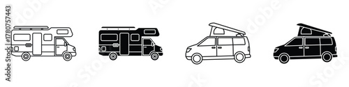 Campervan icon in linear and clipart style pack on white background.