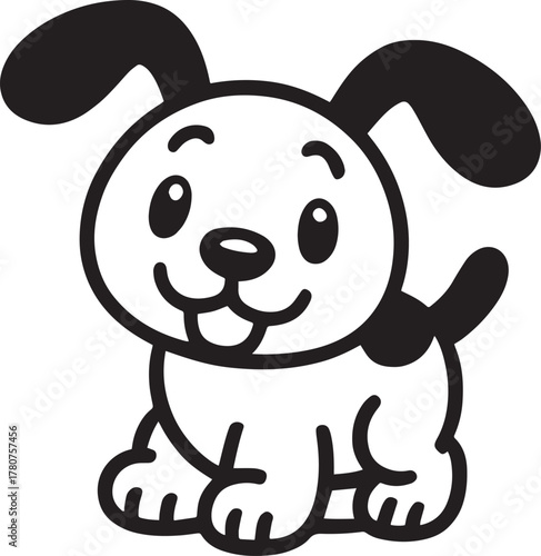 Adorable sitting cartoon puppy with big ears and happy expression designed as simple linear vector illustration.