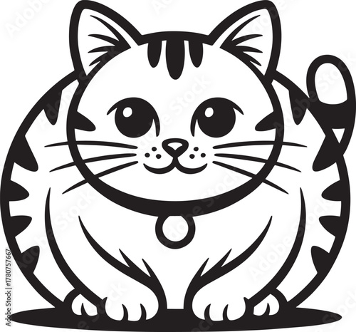 Chubby tabby kitten sitting front view cartoon style black outline mascot design with curving tail.
