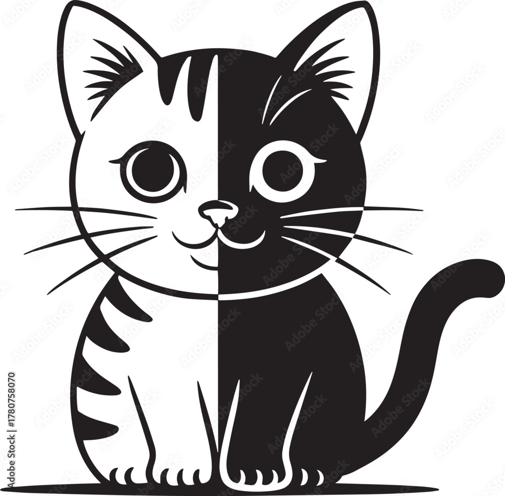 Fototapeta premium Cute sitting kitten vector illustration cartoon style animal drawing split graphic half striped half solid design art