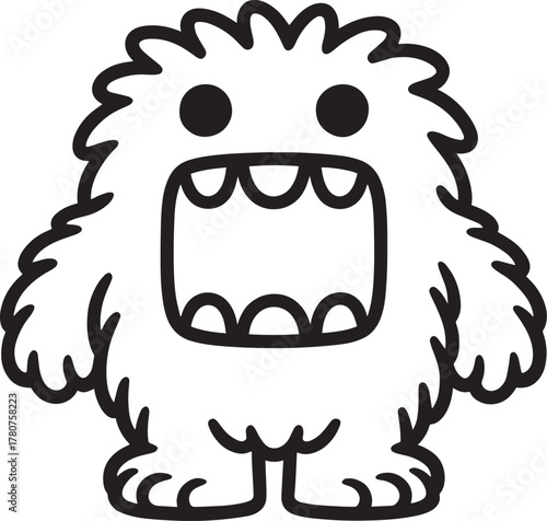 Funny cartoon fuzzy monster doodle illustration showing wide open mouth and sharp teeth black outline vector art.