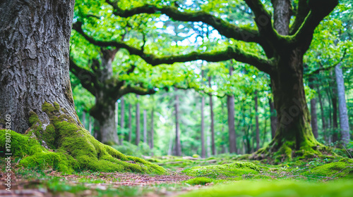 Ancient oak trees in High Weald forest, their moss covered roots and leafy branches creating a vibrant green ecosystem