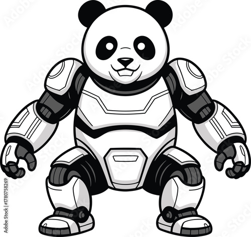 Futuristic robotic panda character standing in battle armor vector illustration emphasizing technology and defense design
