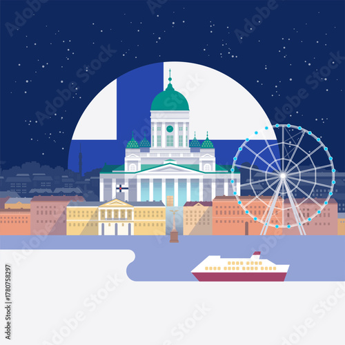 Helsinki, Finland illustration with Helsinki city center cityscape and Finnish flag - professional flat vector graphic for Independence Day Finnish greeting card design