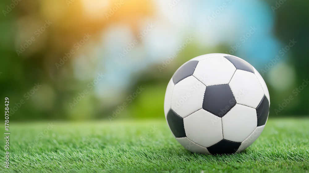 Fototapeta premium Soccer ball resting on green grass field during sunny day, celebrating sport, championship, and competition