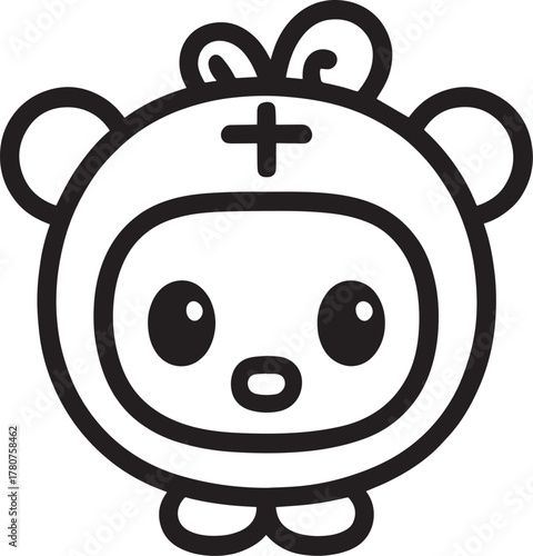 Minimalist cartoon character face inside bear costume hood with medical cross symbol vector outline drawing