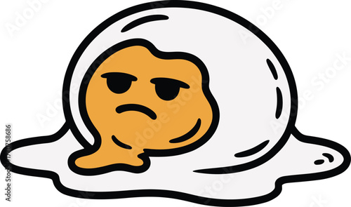 Sad fried egg cartoon character vector illustration grumpy expression doodle style breakfast food mascot design