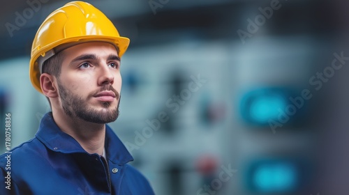A male electrician in professional work attire with a focused expression, using directional lighting to emphasize precision, skill, and modern industry.