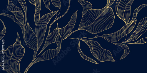Vector golden floral leaf pattern, tropical and botanical elements with linear decorative details. Luxury backgrounds, wallpaper, invitations, vintage design templates.