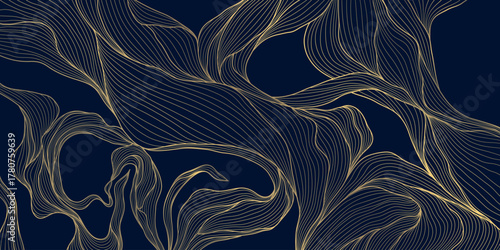 Vector golden floral leaf pattern, tropical and botanical elements with linear decorative details. Luxury backgrounds, wallpaper, invitations, vintage design templates.