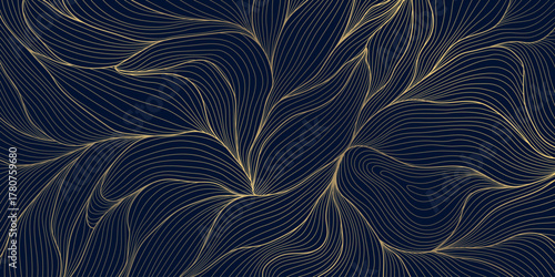 Vector golden floral leaf pattern, tropical and botanical elements with linear decorative details. Luxury backgrounds, wallpaper, invitations, vintage design templates.