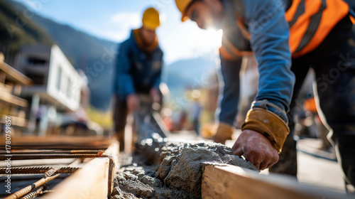 Concrete being poured into foundation formwork for new house faceless workers guiding flow defocused residential construction background wet cement filling mold home foundation
