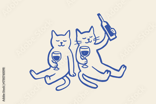 Two cats with wine, hand-drawn sketch vector illustration
