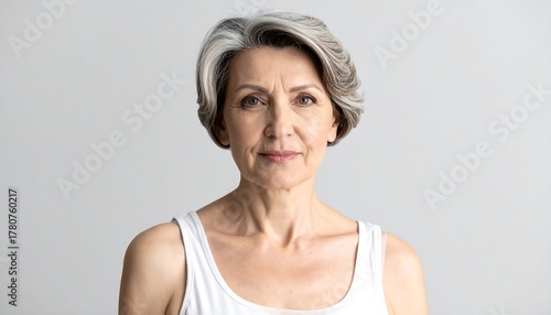 Portrait of an older woman facing the camera, with grey hair and a white tank top. Neutral expression