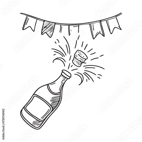 New Year champagne cork popping near a bright festive banner