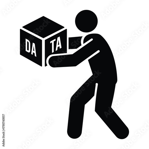 Data management vector icon of person carrying labeled cube symbolizing storage or digital transfer in minimalist silhouette style