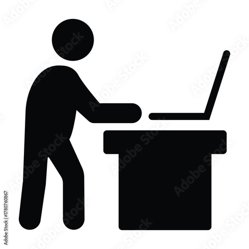 Ergonomic standing desk vector icon of person working on laptop with straight posture in minimalist silhouette style