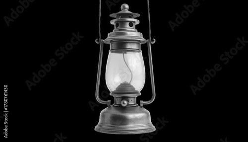 Vintage oil lamp with handle hanging in dark room for illumination exactly 100 chars