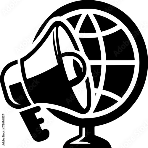 Global Communication: A striking silhouette of a megaphone poised over a stylized globe, a potent visual metaphor for the power of communication and the global reach of information dissemination. 