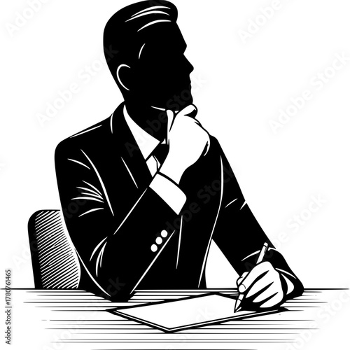 Decision Making: A contemplative figure, bathed in the soft glow of thought, leans over a blank sheet, poised with pen in hand as though lost in deliberation.